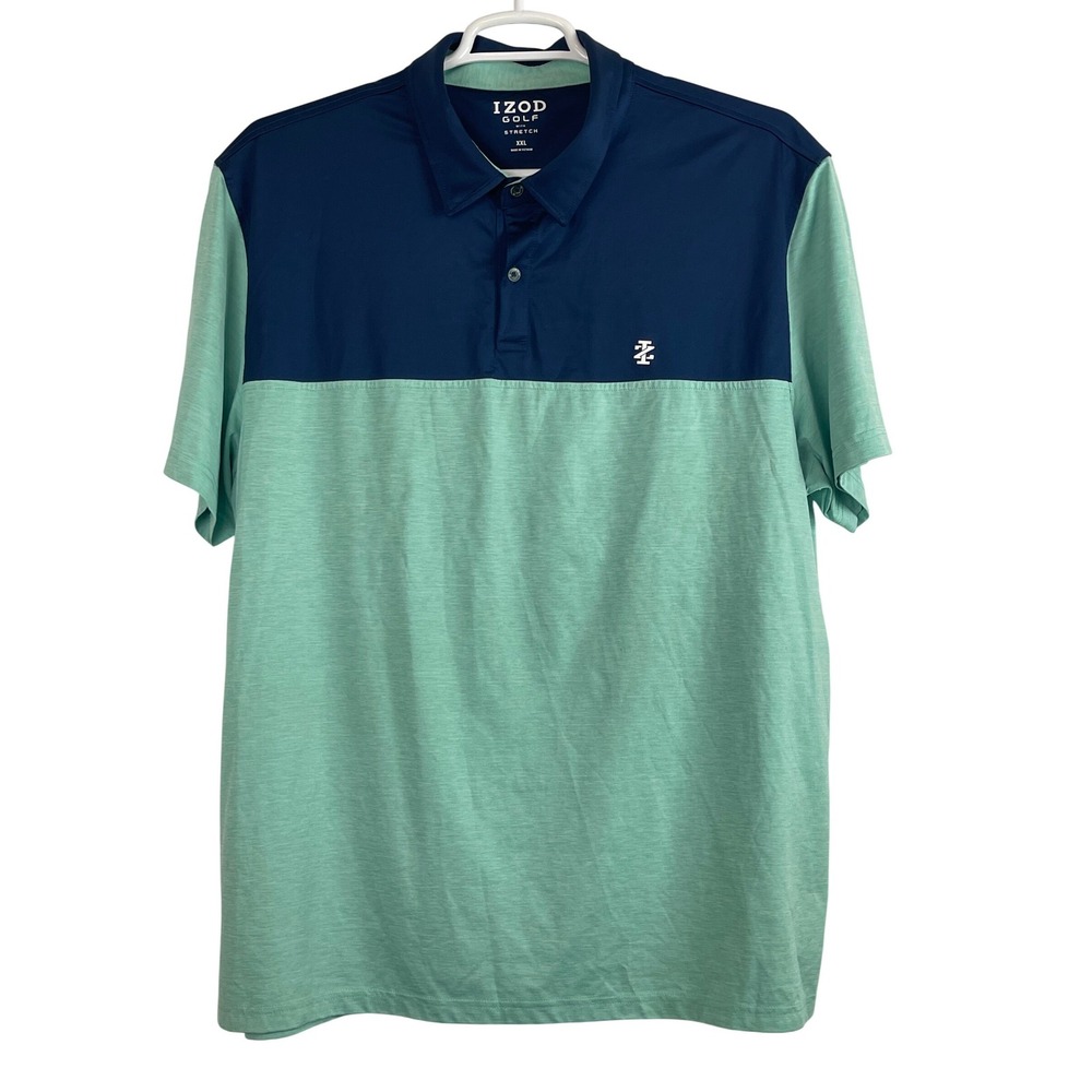 00744 IZOD GOLF Men's XXL Navy Blue Teal Color Block Polo Shirt Stretch